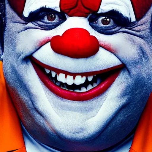 Image similar to danny devito in clown mask with fangs