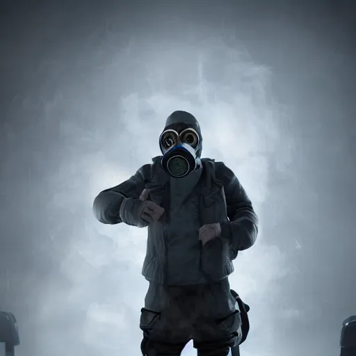 Prompt: hooden villain wearing a gas mask with smoke coming out of his body, dark background, unreal engine 5, ultra realistic, detailed, fog,