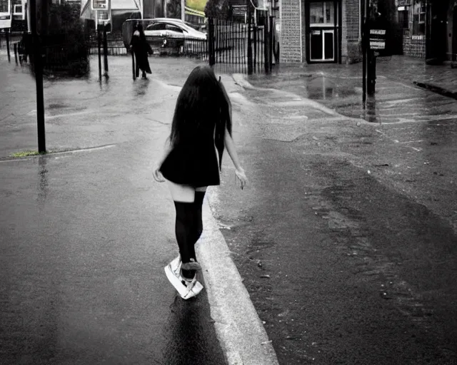 Prompt: poor quality digital photo of an emo girl, black hair, sunny day after rain, british street, 2 0 0 7