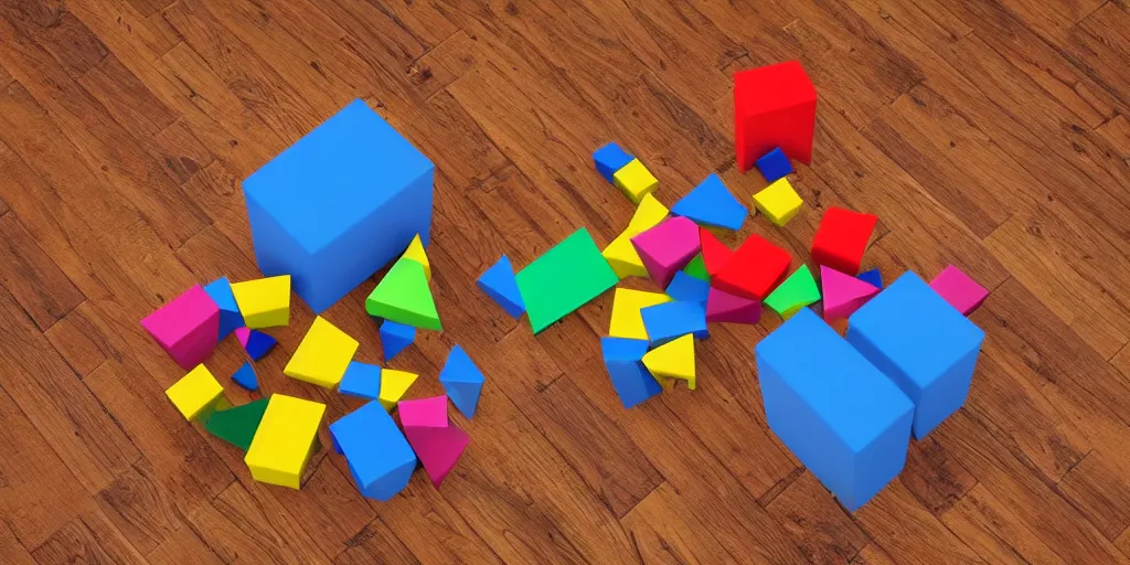 Image similar to full spectrum 3D blocks and shapes on wood floor 4K