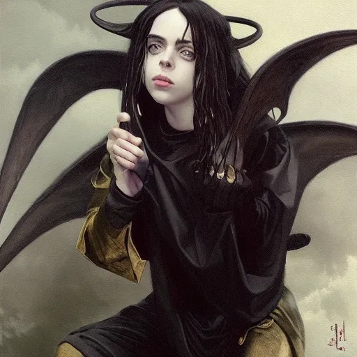 Prompt: Billie Eilish as a demon succubus, oil on canvas, noir effect, artstation, by J. C. Leyendecker and Edmund Blair Leighton and Charlie Bowater,--width 1600