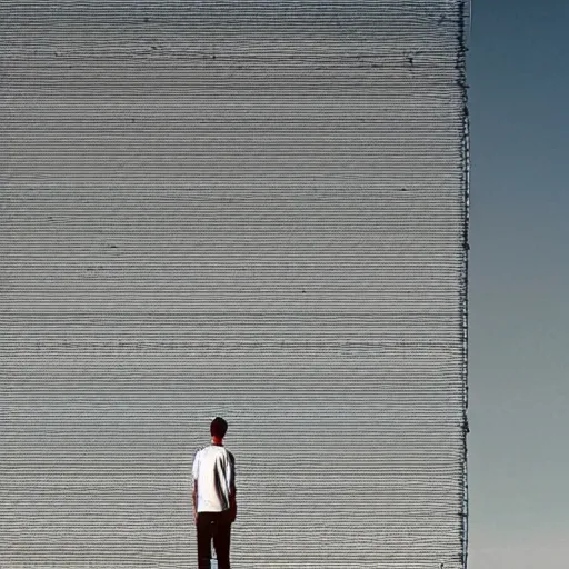 Prompt: a man in front of a high wire fence, minimalist, dystopian art