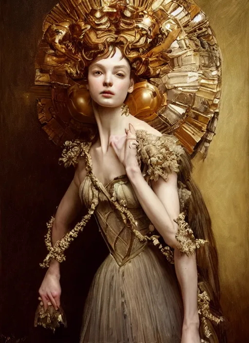 Image similar to highly detailed oil painting | very intricate | cinematic lighting | award - winning | ballet victorian armor fashion by alexander mcqueen | by roberto ferri, by tom bagshaw, by j. c. leyendecker and klimt, american romanticism, by austin osman spare, artstation, cgsociety, official art, octane