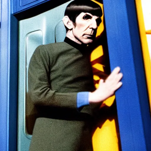 Prompt: color photo of mr spock blue uniform exiting the tardis