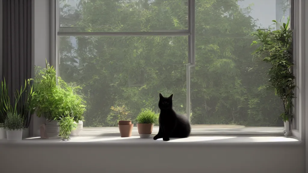 Prompt: peaceful dreamy painting of a content black cat sitting by a window and looking outside, sunshine coming through the window, small plants on the window sill, 8k, hyper realism, trending on artstation, octane render, concept art