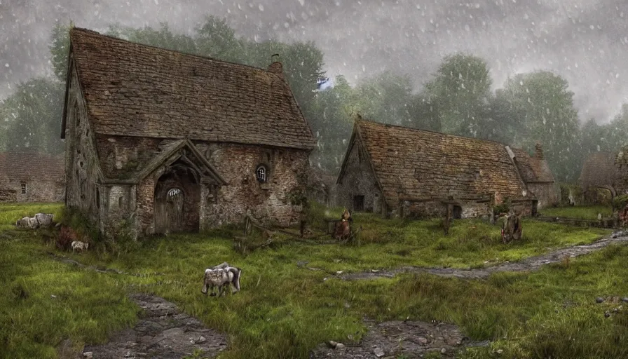 Image similar to old abandoned medieval english village at rainy day, grey sky, muddy ground, vegetation, cows in the meadow, hyperdetailed, artstation, cgsociety, 8 k