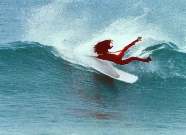 Prompt: color photo of a shark fin in water. surfergirl riding a wave in the 8 0's