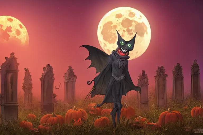 Prompt: an ultra detailed animation of a cartoon halloween bat in a graveyard at midnight on halloween, digital art, dark fantasy, concept art, soulslike, by alphonse mucha, blood moon eclipse, ruined building in the background, artstation, 8 k, unreal engine render