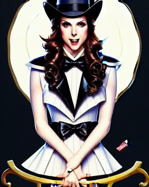Image similar to beautiful Anna Kendrick Zatanna DC Comics floating on stage, wearing a top hat, symmetrical face symmetrical eyes, smiling, fantasy, intricate details, atmospheric, elegant, concept art, art by artgerm and eiichiro oda, Norman Rockwell