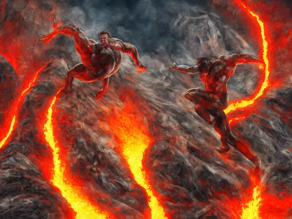 Image similar to arnold schwarzenegger surfing on lava, muscular, erupting volcano, stunning scene, 8 k, extremely detailed digital painting, depth, bright colors, trending on artstation