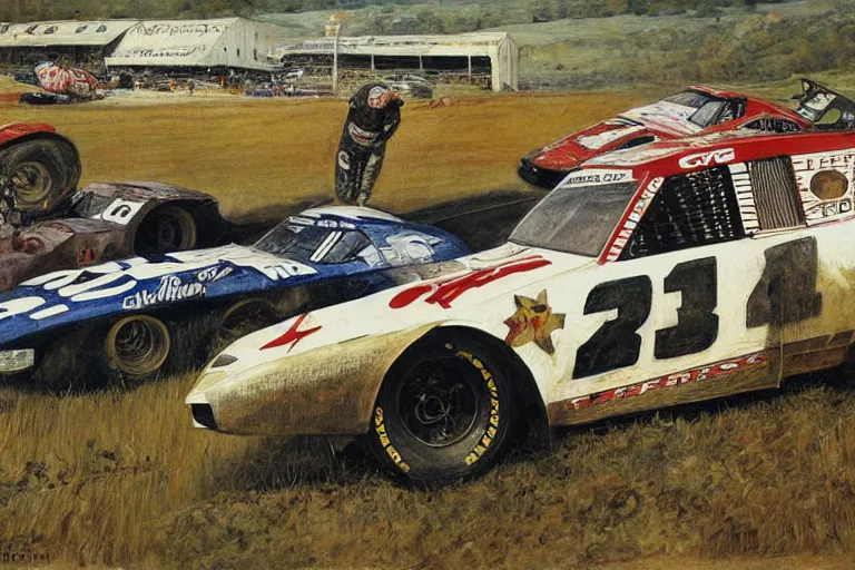 Image similar to nascar race, painting by andrew wyeth, very detailed, high quality,