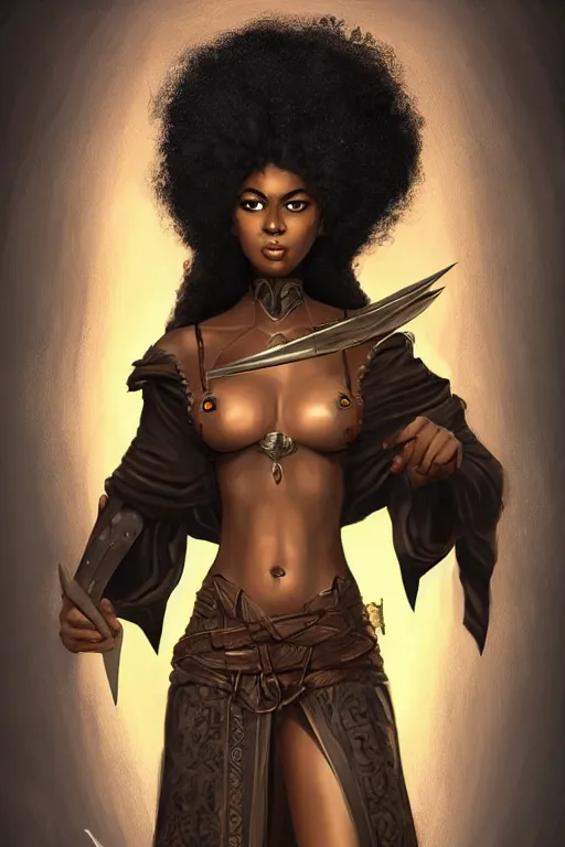 Prompt: beautiful assassin african girl with a huge afro. wearing cloak, holding dagger, tight leather armor, artgerm, trending on artstation, d & d character concept art, inspired by brom, bokeh