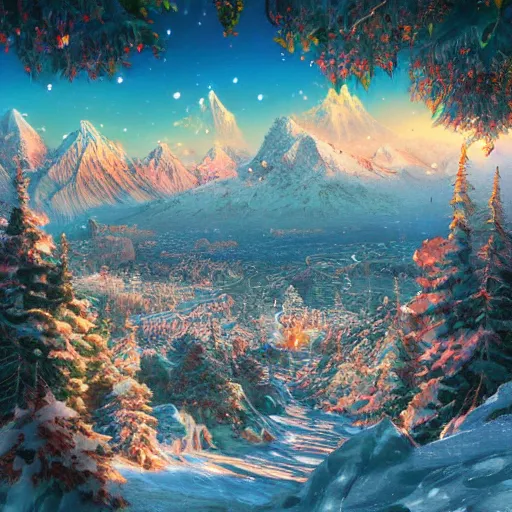 Image similar to the aesthetic view of the beautiful, grand, wistful, dreamy snowcapped mountain at dusk, hyperrealistic anime illustration by iralki nadar, colorful, extremely detailed, intricate linework, super sharp focus, bright colors, octopath traveler, studio ghibli, unreal engine 5 highly rendered, global illumination, radiant light, detailed and intricate environment