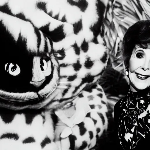 Image similar to photograph of nancy reagan dressed as the cheshire cat, twilight, 1 2 mm zeiss,