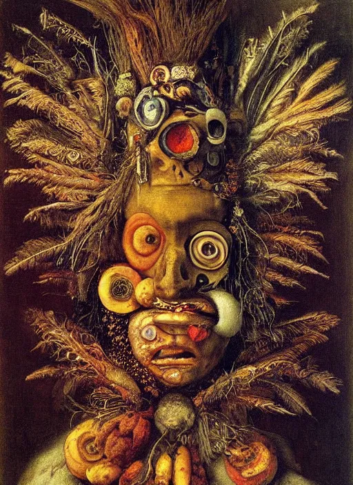 Prompt: a surreal painting of a shaman's face, by Giuseppe Arcimboldo, voodoo, witchcraft, symbolist, soft colors, dramatic lighting, smooth, sharp focus, extremely detailed, aesthetically pleasing composition