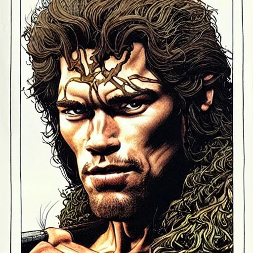 Prompt: a realistic, very beautiful and atmospheric portrait of young arnold schwarzenegger as a druidic warrior wizard looking at the camera with an intelligent gaze by rebecca guay, michael kaluta, charles vess and jean moebius giraud