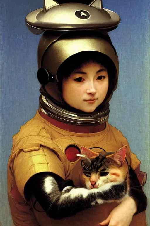 Image similar to portrait of a cat astronaut with japanese armor and helmet, by bouguereau