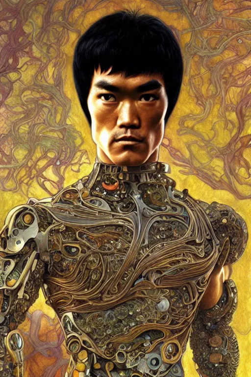 Prompt: bruce lee as a organic cyborg, diffuse lighting, fantasy, intricate, elegant, highly detailed, lifelike, photorealistic, digital painting, illustration, concept art, smooth, sharp focus, art by john collier and albert aublet and krenz cushart and artem demura and alphonse mucha