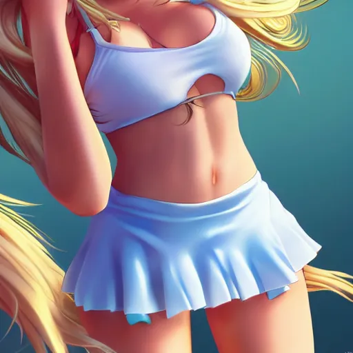 Image similar to a very beautiful young anime tennis girl, full body, long wavy blond hair, sky blue eyes, full round face,, bikini, miniskirt, front view, mid - shot, highly detailed, cinematic wallpaper by stanley artgerm lau