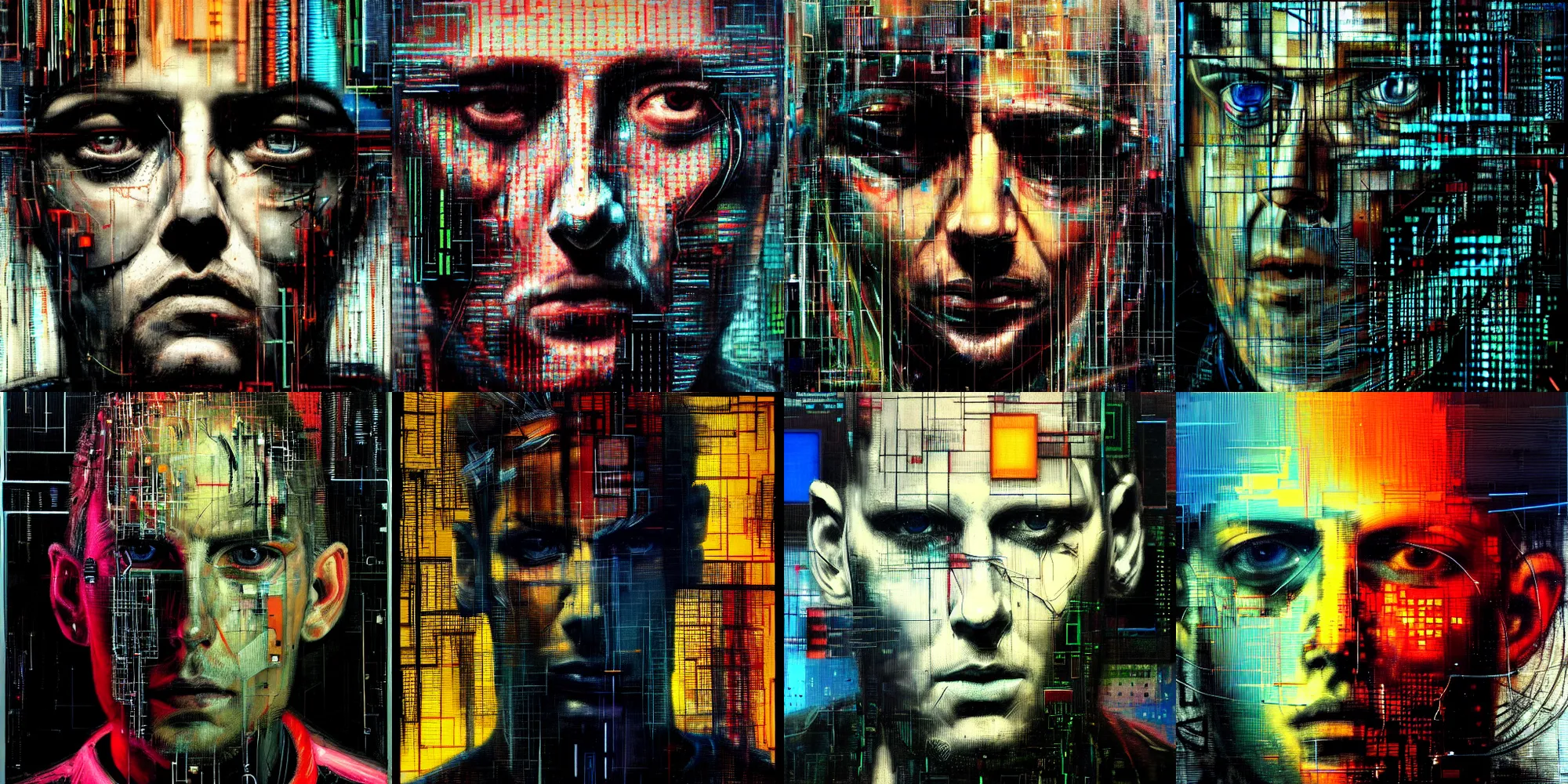 Prompt: hyperrealistic portrait of a cyberpunk man, by Guy Denning, Johannes Itten, Russ Mills, hacking effects, detailed lines, glitch eyes, network, cybernetics, cables, computation, technological, color blocking!, acrylic on canvas, insane detail, front view, symmetrical, octane, concept art, abstract, artistic, 8k, cinematic, trending on artstation