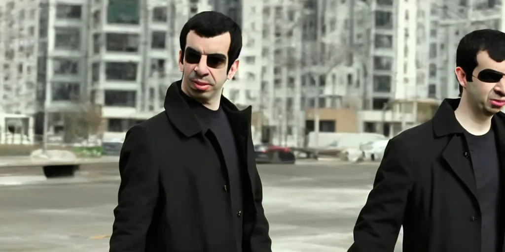 Image similar to nathan fielder dodging a bullet in the matrix, wearing a cool black coat, ultrarealistic, 4 k