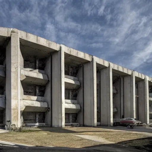 Image similar to sci fi research facility exterior, brutalist architecture, grand scale