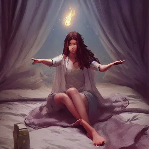 Image similar to A young female wizard, accidentally casting her first spell while practicing in bed, magic crackling from her fingertips, fantasy art by Greg Rutkowski