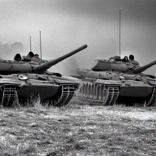 Image similar to flash photograph of russian tanks, accompany by soviet infantry squad, 1985, creepy, haunted, fog, atmospheric, vintage photo