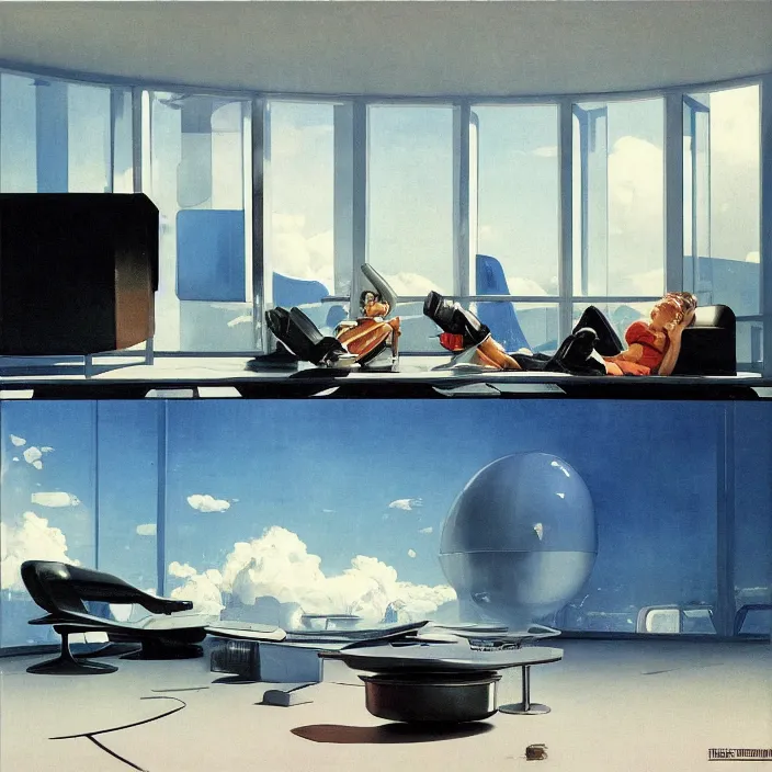 Image similar to a futuristic minimalist lounge room with a big window opening up to a wide open meadow with billowing clouds in the sky. highly detailed science fiction painting by norman rockwell, frank frazetta, and syd mead. rich colors, high contrast, gloomy atmosphere. trending on artstation.