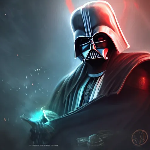 Image similar to portrait of pdarth vader, league of legends amazing splashscreen artwork, legends of runeterra, splash art, natural light, elegant, photorealistic facial features, intricate, fantasy, detailed face, atmospheric lighting, anamorphic lens flare, cinematic lighting, league of legends splash art, hd wallpaper, ultra high details by greg rutkowski