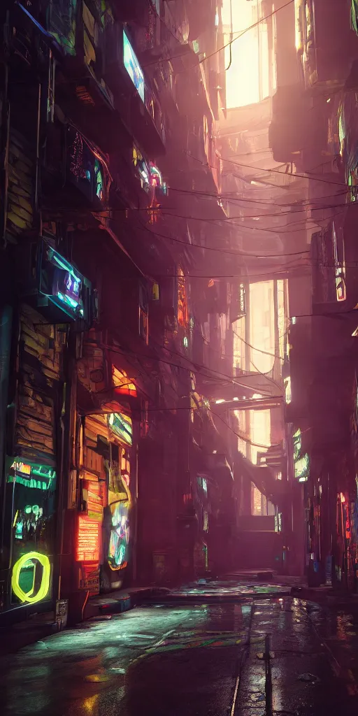 Image similar to cyberpunk alley, brian despain, 8 k, raytracing, unreal engine 5,