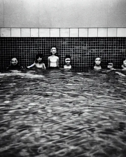 Image similar to terrifying, humanoid monstrous creatures of the abyss, lurking and prowling in a public swimming pool, liminal spaces, occult gathering, 3 5 mm film photo, film grain