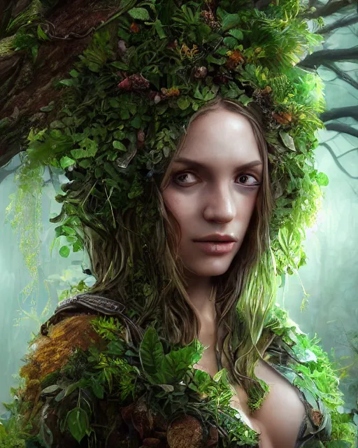 Image similar to portrait high definition photograph cute woman fantasy character art, hyper realistic, pretty face, hyperrealism, iridescence water elemental, snake skin armor forest dryad, woody foliage, 8 k dop dof hdr fantasy character art, by aleski briclot and alexander'hollllow'fedosav and laura zalenga