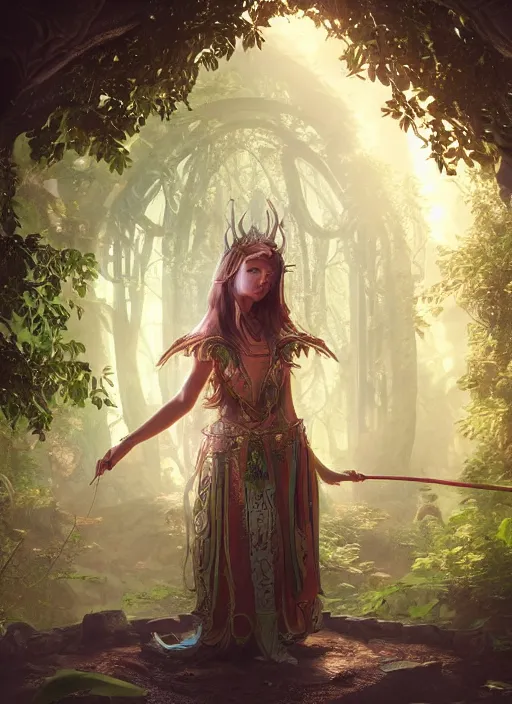 Image similar to Beautiful art portrait of a female fantasy priestess in a bright temple surrounded by lush forest, atmospheric lighting, intricate detail, cgsociety, hyperrealistic, octane render, RPG portrait, ambient light, dynamic lighting