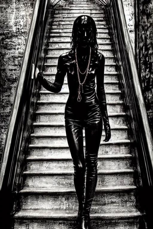 Image similar to dreamy gothic girl, black leather slim clothes, chains, wet hall stairs, beautiful body, detailed acrylic, grunge, intricate complexity, by dan mumford and by alberto giacometti, peter lindbergh