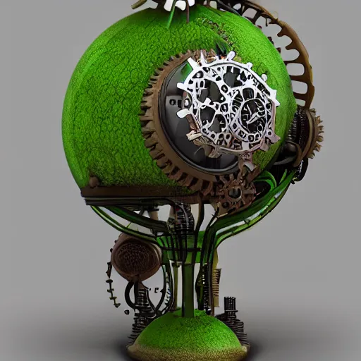 Prompt: steampunk device covered by ornamental green mold and mushrooms, fractal, manderblot, detailed, hyperrealistic, raytrace,