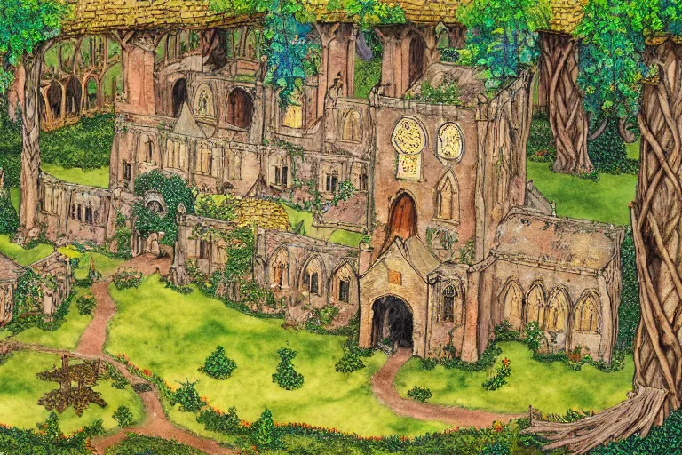 Prompt: an elaborate and dense painting of the peaceful redwall abbey in mossflower wood, detailed, made of alcohol ink on parchment and penned illustrations, by brian jacques and greg rutowski