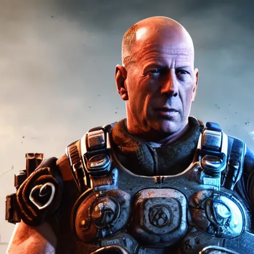 Prompt: Bruce Willis as a buffed gears of war 4 videogame character, undertailed, 8k render,