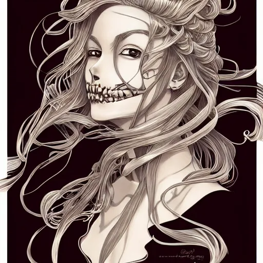 Image similar to anime manga skull portrait young woman long wavy hair skeleton, intricate, elegant, highly detailed, digital art, ffffound, art by JC Leyendecker and sachin teng
