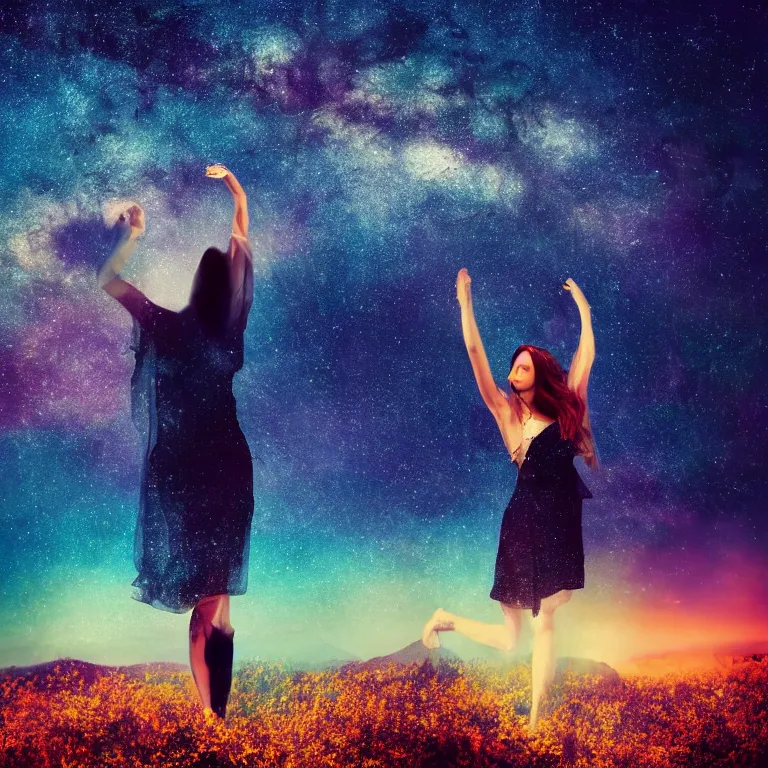 Image similar to album cover with text kosmichna vystava, a beautiful landscape of a starry sky with an beautiful woman waving to the horizon, cinematic, dramatic, color grading, photojournalism, colorful, highly detailed