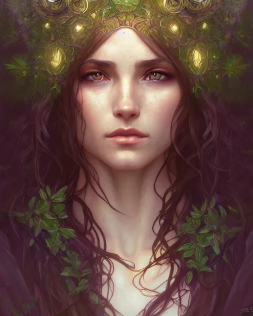 Image similar to beautiful female druid, portrait, fantasy, young, detailed, hyperrealism, intricate, leaves and simple cloth, dynamic lighting, digital art, digital painting, artstation, wlop, sharp focus, illustration, art by artgerm and greg rutkowski and alphonse mucha, 8 k