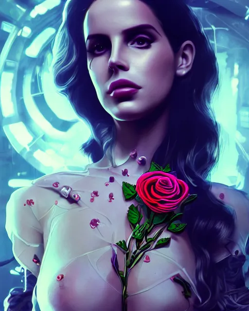 Image similar to portrait of lana del rey as a cyberpunk cyborg. sci - fi intricate abstract upper body intricate artwork, roses, rose petals by tooth wu, wlop, beeple, dan mumford. concept art, octane render, trending on artstation, greg rutkowski, asymmetrical, cinematic arthouse, key art, hyper realism, iridescent accents