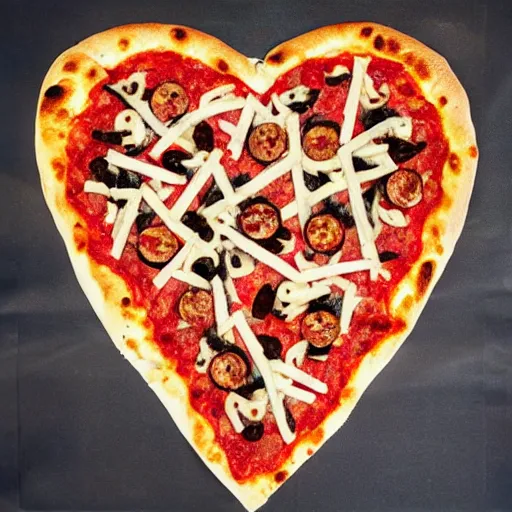 Image similar to heart pizza with bones on it. hyperdetailed photorealism