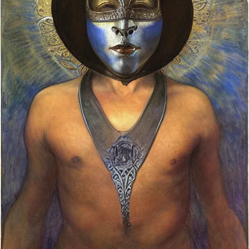 Image similar to the masked prince wearing the plasma crown, by Annie Swynnerton and Diego Rivera and Elihu Vedder, symbolist, dramatic lighting, elaborate geometric ornament, tattoos, Art Brut, soft cool colors,smooth, sharp focus, extremely detailed, Adolf Wölfli and Donato Giancola