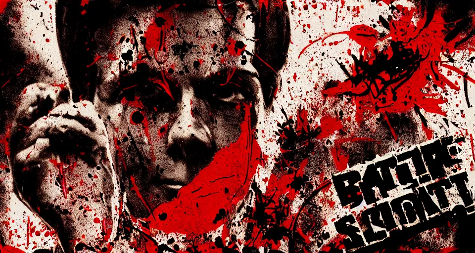 Image similar to old category b film poster with trace of a shots in centre, seamless texture, blood splatter on the sides, focus render, grainy tape, distortion, few details, illustrations, vhs effect, artstation, minimalistic