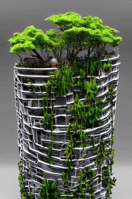 Image similar to 3 d printed physical model that is organic flowy including more than one city into one vertical building that sits on a table in a room with a view back and golden rim drame in the bottom, multiple stories, transparent, with vegetation, colorful, eye - level view, 8 0 k, octane render, highly detailed 3 d render,