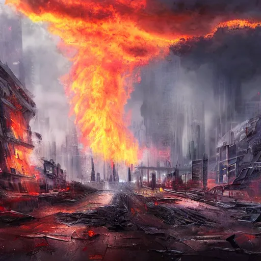 Image similar to damaged city, high - tech, concept art, forest, fire tornado, high resolution