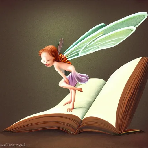 Prompt: a very small fairy with two legs flies above an open book, highly detailed, digital painting, sharp focus, fantasy art