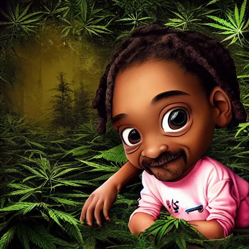 Image similar to very very very very cute chibi baby Snoop Dogg in the marijuana field, portrait, pixar style, forest background, cinematic lighting, award winning creature portrait photography