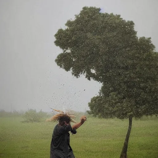 Prompt: The photograph shows a man caught in a storm, buffeted by wind and rain. He clings to a tree for support, but the tree is bent nearly double by the force of the storm. The man's clothing is soaked through and his hair is plastered to his head. His face is contorted with fear and effort. by John Hejduk desaturated, dynamic